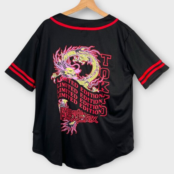 🍂🍁 RUE21 Tokyo Baseball Shirt Woman's LARGE Dragon Black Red Pink NEW - Picture 1 of 7
